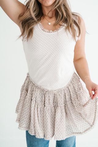 Meadowlight Ruffle Hem Layered Tunic Top - Oatmeal
