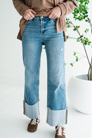 Risen Zienna Wide Leg Cropped Cuffed Denim