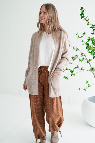 Woven Neutral Open Front Knit Cardigan
