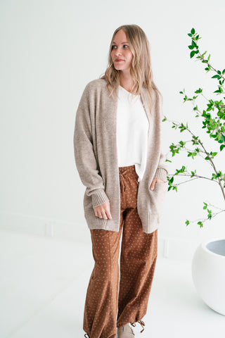 Woven Neutral Open Front Knit Cardigan