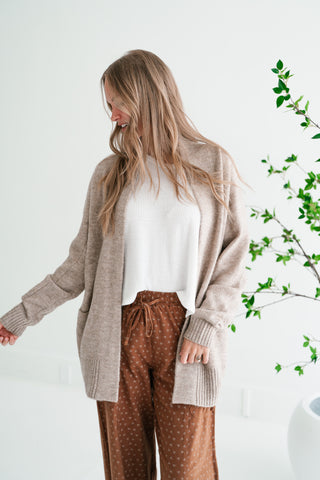 Woven Neutral Open Front Knit Cardigan