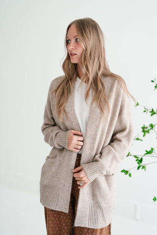 Woven Neutral Open Front Knit Cardigan