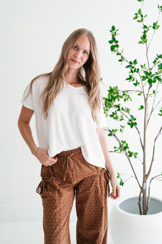 Ember Relaxed Fit Ribbed V-Neck Top - White