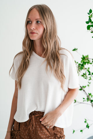 Ember Relaxed Fit Ribbed V-Neck Top - White
