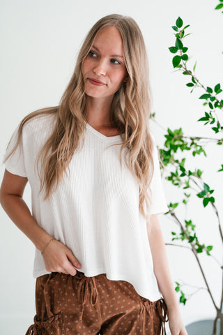 Ember Relaxed Fit Ribbed V-Neck Top - White