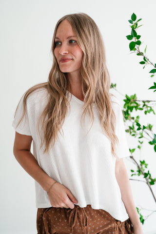 Ember Relaxed Fit Ribbed V-Neck Top - White