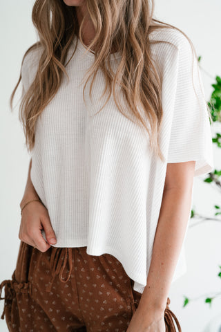 Ember Relaxed Fit Ribbed V-Neck Top - White
