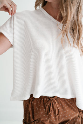 Ember Relaxed Fit Ribbed V-Neck Top - White