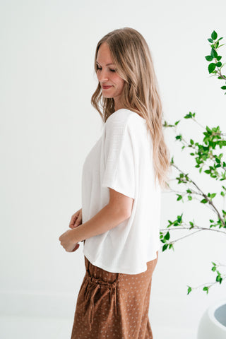 Ember Relaxed Fit Ribbed V-Neck Top - White