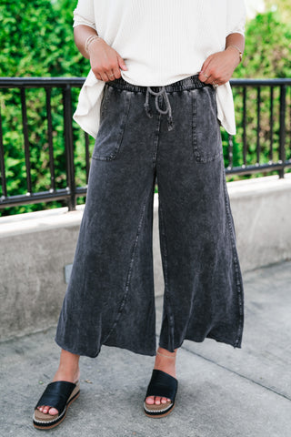 Can't Be Matched Mineral Wash Wide Leg Pants - Faded Black