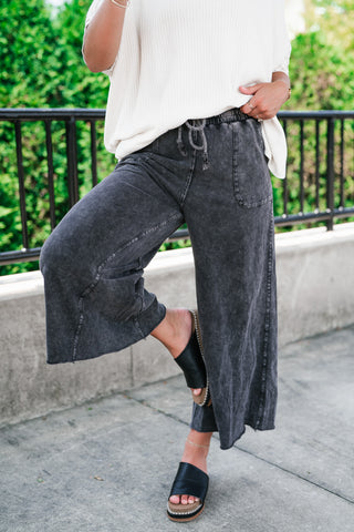 Can't Be Matched Mineral Wash Wide Leg Pants - Faded Black