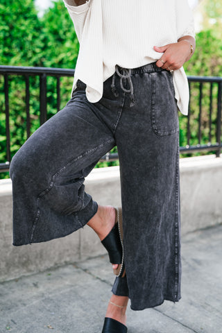 Can't Be Matched Mineral Wash Wide Leg Pants - Faded Black