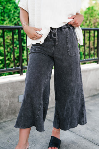 Can't Be Matched Mineral Wash Wide Leg Pants - Faded Black