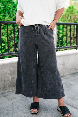 Can't Be Matched Mineral Wash Wide Leg Pants - Faded Black