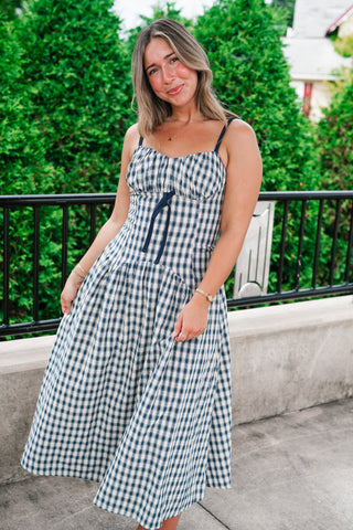 Gingham Daydream Midi Dress - Navy Blue