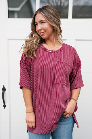 Forever Timeless Relaxed Ribbed Top- Burgundy