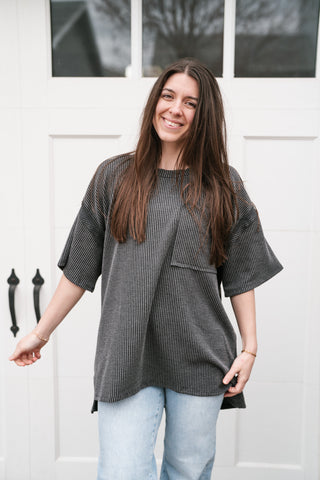 Forever Timeless Relaxed Ribbed Top- Charcoal