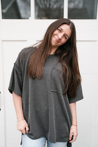 Forever Timeless Relaxed Ribbed Top- Charcoal