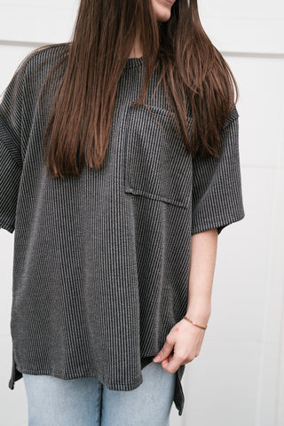 Forever Timeless Relaxed Ribbed Top- Charcoal