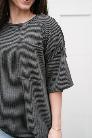Forever Timeless Relaxed Ribbed Top- Charcoal