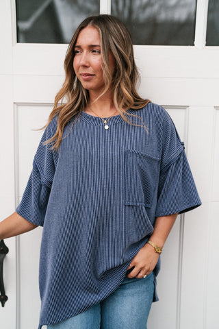 Forever Timeless Relaxed Ribbed Top- Navy