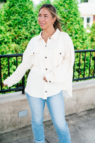 With Love Waffle Knit Button Up - Cream