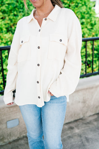 With Love Waffle Knit Button Up - Cream