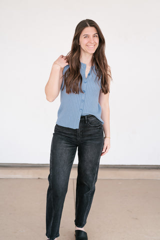 Ever Yours Ribbed Button Top - Blue