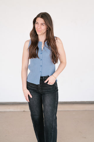 Ever Yours Ribbed Button Top - Blue