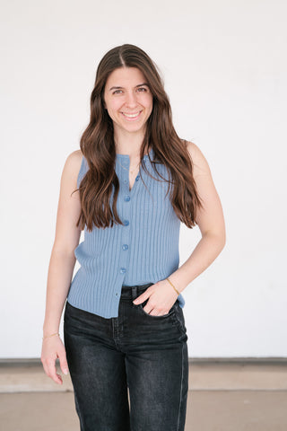 Ever Yours Ribbed Button Top - Blue