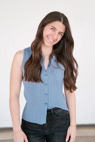 Ever Yours Ribbed Button Top - Blue