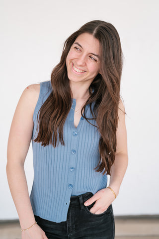 Ever Yours Ribbed Button Top - Blue