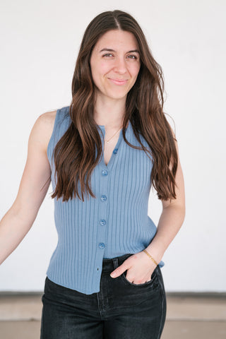 Ever Yours Ribbed Button Top - Blue