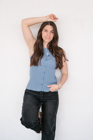 Ever Yours Ribbed Button Top - Blue