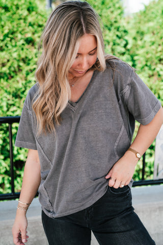 Raw Edge V-Neck Short Sleeve Top