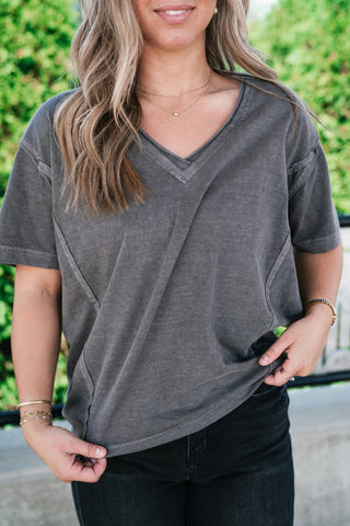 Raw Edge V-Neck Short Sleeve Top