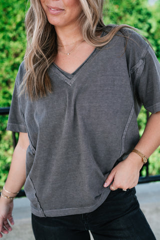 Raw Edge V-Neck Short Sleeve Top