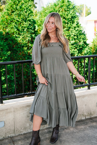 Daily Stroll Olive Smocked Maxi Dress