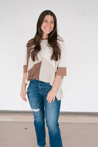 Mocha Remix Patchwork Short Sleeve Top
