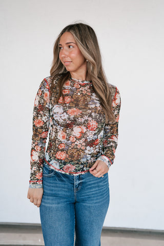 Wildflower Floral Long Sleeve Mesh Top