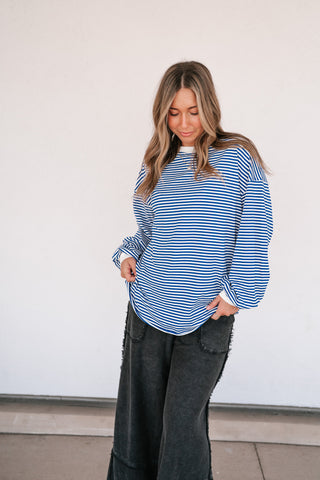Fine Line Relaxed Striped Everyday Top - Royal Blue