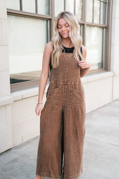 Take Me Back Mineral Wash Jumpsuit - Coco Brown