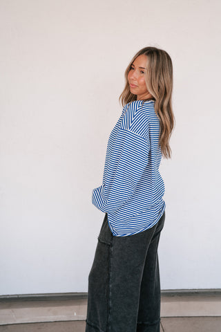 Fine Line Relaxed Striped Everyday Top - Royal Blue