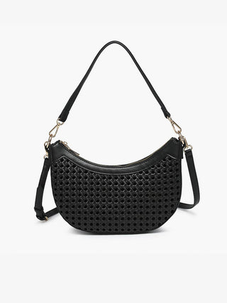 Black woven leather shoulder bag with perforated design and adjustable crossbody strap.