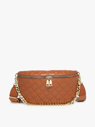 Cognac quilted leather belt bag with gold chain strap and adjustable crossbody belt.