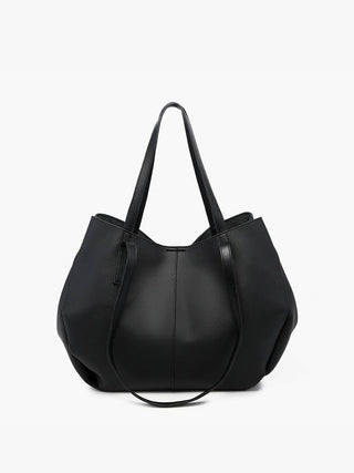 Black leather tote handbag with structured silhouette and long shoulder straps.
