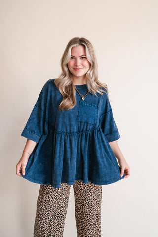 Dainty Eyelet Detailed Babydoll Top - Navy