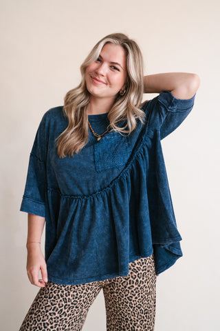 Dainty Eyelet Detailed Babydoll Top - Navy