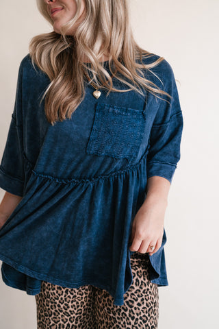 Dainty Eyelet Detailed Babydoll Top - Navy