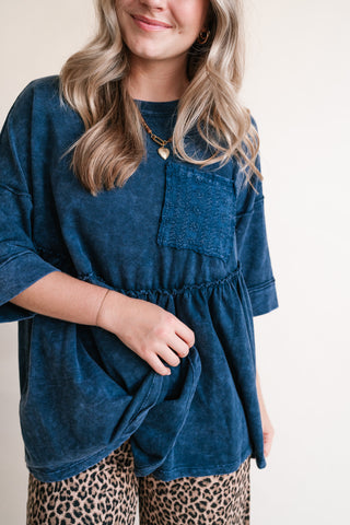 Dainty Eyelet Detailed Babydoll Top - Navy